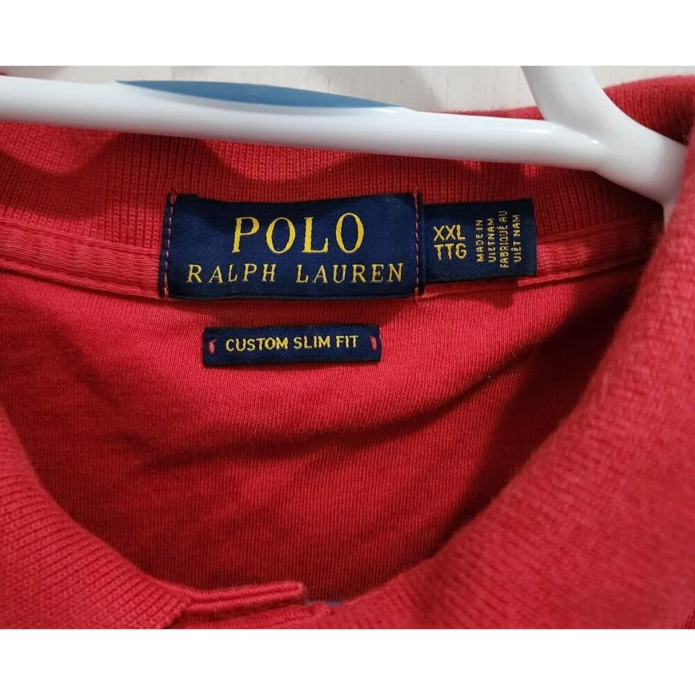 Polo Ralph Lauren Custom Slim Fit‎ Red Polo Shirt Size 2XL Cotton Blue Pony
